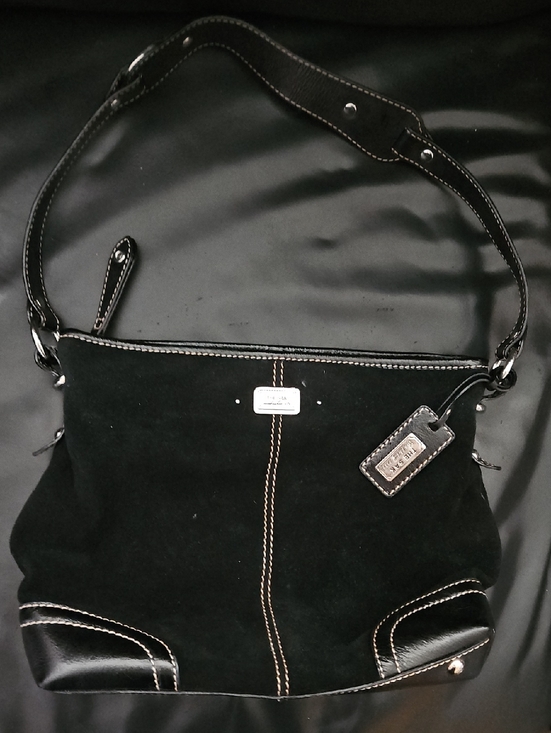 The Sak Handbags - The Sak Black Suede Patent Leather Shoulder Bag 11x9 Stainless Steel Hardware